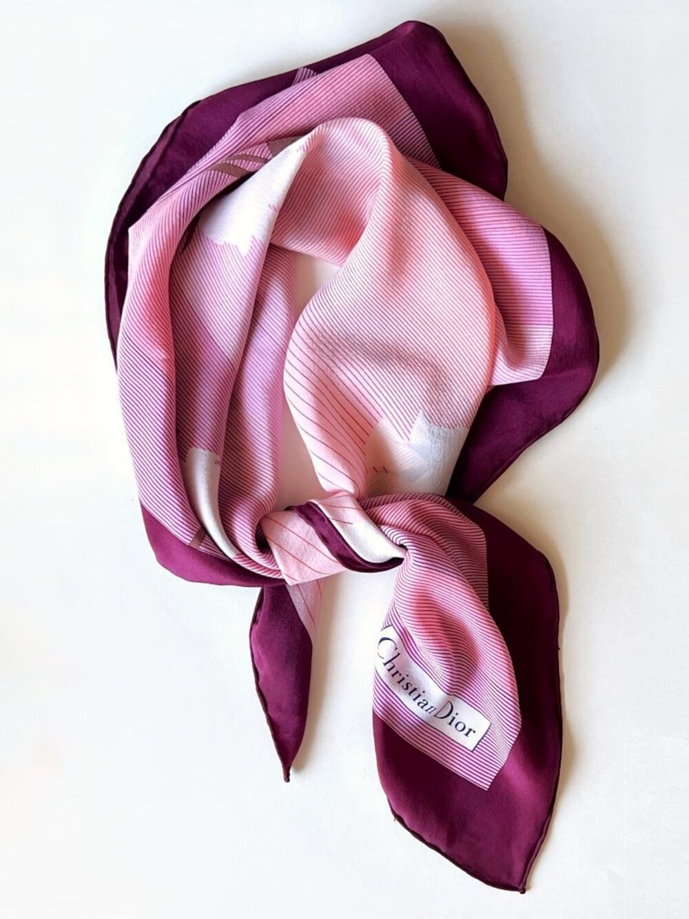 Christian DIOR Pink 100% Scarf Shawl Wrap 31" X 31" Rose & Stripes Vintage